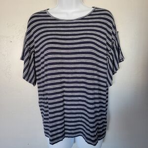 Wrangler Retro Small Navy Blue & White Striped Blouse Short Sleeve Ruffle Trim